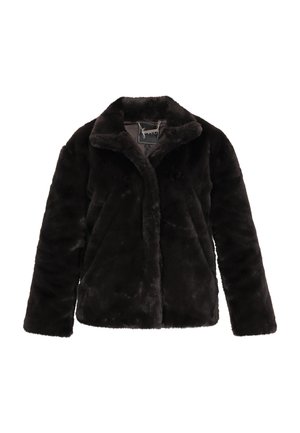 Giacca in pelliccia sintetica nera con colletto, maniche lunghe e una texture liscia. Presenta un design semplice senza decorazioni o motivi.