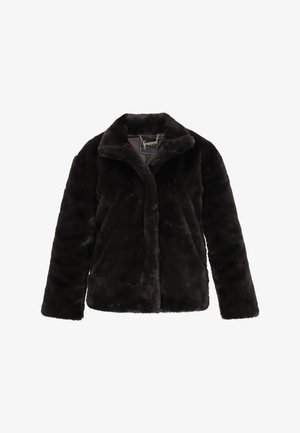 Giacca in pelliccia sintetica nera con colletto, maniche lunghe e una texture liscia. Presenta un design semplice senza decorazioni o motivi.