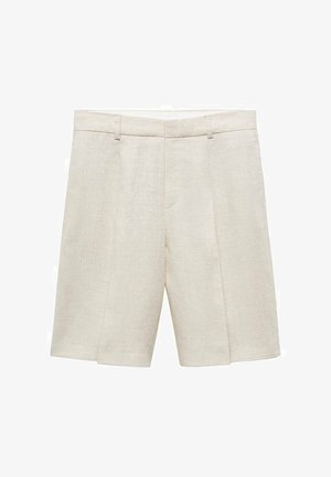 Beige linen shorts with a tailored fit, featuring a flat front, double pleats, and belt loops. Smooth texture, mid-thigh length.