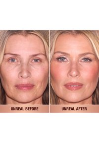Split image showing a woman's face before and after makeup. The left side is natural with visible texture, and the right side is smooth with makeup.