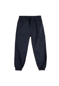 Marineblaue Cargo-Hosen mit elastischem Bund und Bündchen, ausgestattet mit Seitentaschen und einer flachen Cargo-Tasche am rechten Bein. Material aus Baumwollmischung.