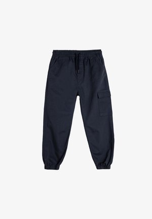 Pantalones cargo azul marino con cintura y puños elásticos, que cuentan con bolsillos laterales y un bolsillo plano para carga en la pierna derecha. Material de mezcla de algodónes.