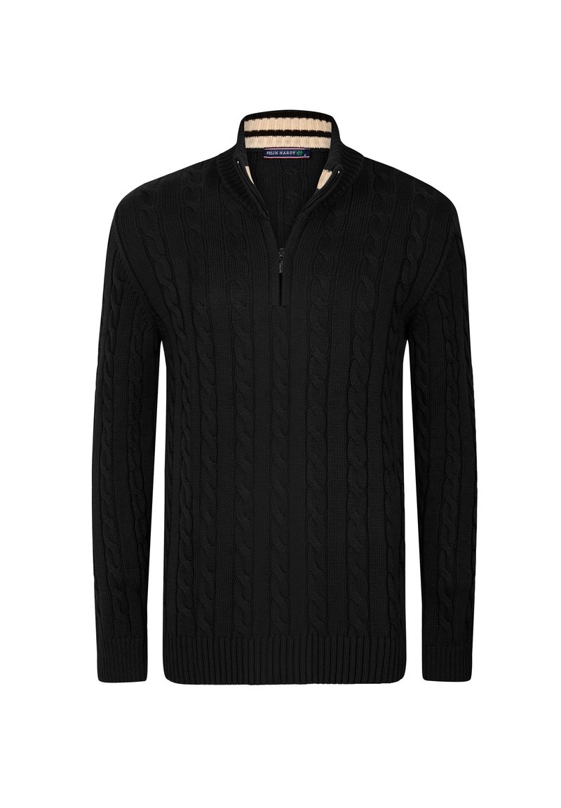 Maglione nero a lavorazione a maglia con mezzo zip e collo, caratterizzato da un accento a coste di colore crema sul collo e un tessuto morbido e testurizzato.