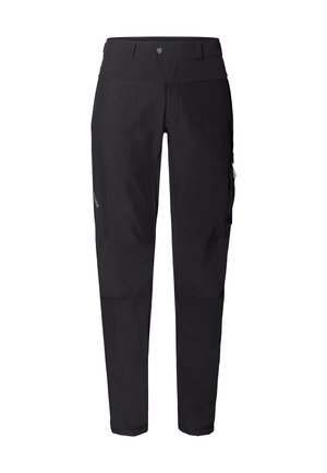 Zwarte outdoorbroeken met een rechte snit, gemaakt van lichtgewicht stof, voorzien van meerdere zakken en verstevigde knieën.