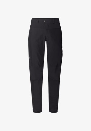 Zwarte outdoorbroeken met een rechte snit, gemaakt van lichtgewicht stof, voorzien van meerdere zakken en verstevigde knieën.