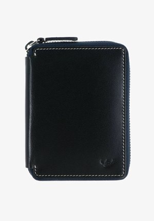 Portefeuille en cuir noir zippé avec coutures blanches et petit logo embossé dans le coin inférieur droit.