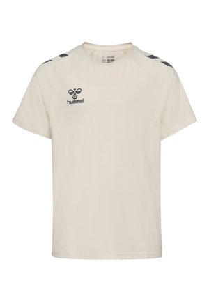 Off-white kortærmet sportst-shirt med sort hummel-logo på brystet og sorte chevron-mønstre på skuldrene.