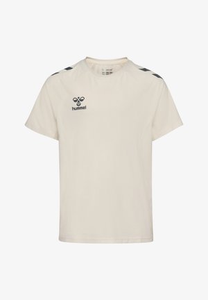 Off-white kortærmet sportst-shirt med sort hummel-logo på brystet og sorte chevron-mønstre på skuldrene.