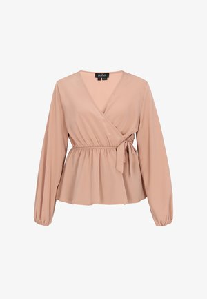 Oberteil aus hellem beigen Stoff mit V-Ausschnitt, langen Ärmeln, gerafftem Taillenbereich und seitlichem Bindeband. Weiche Textur und fließendes Design.