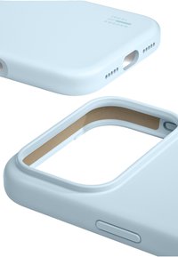 Lyseblåt telefonetui med glat silikoneeksteriør, afrundede kanter og en blød beige foring. Har udskæringer til porte og knapper.