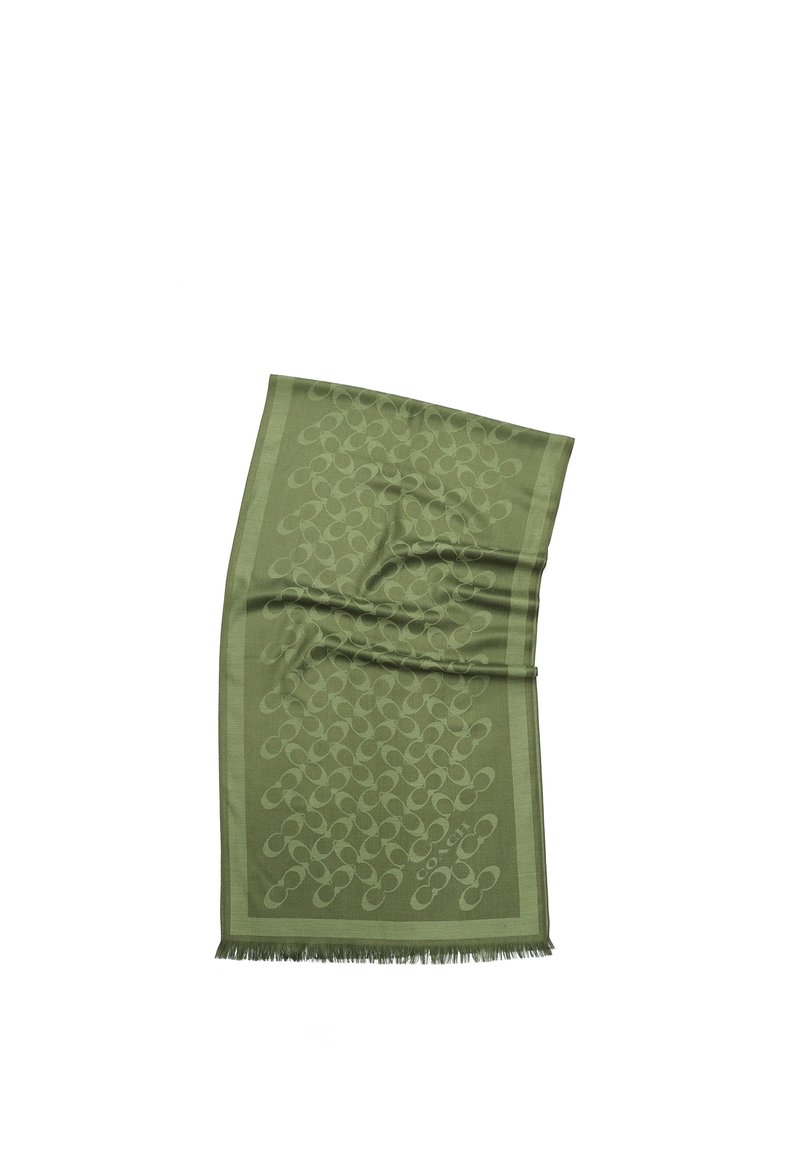 Bufanda verde con un diseño de patrones, con bordes con flecos, que presenta un diseño abstracto repetido. El material parece suave y tiene una textura lisa.