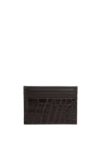 Crocodile-textured dark brown leather card holder with multiple slots, clean stitching, and a sleek, rectangular shape.