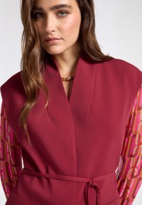 Vestito avvolgente color cremisi con scollatura a V profonda e vita con cintura, caratterizzato da maniche lunghe in tessuto trasparente con motivi nei toni del rosa e dell'arancione.