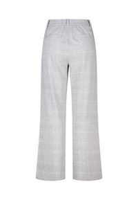 Grijze geruite wijde broek met een elastische tailleband, achterzakken en een gladde textuur. Het patroon heeft dunne witte rasterlijnen.