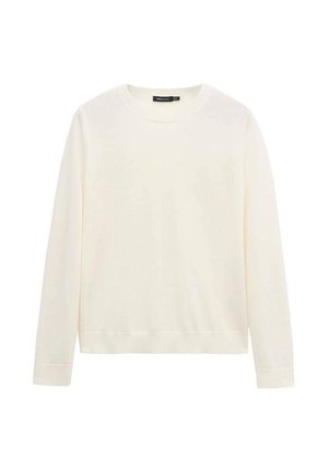 Pulover alb cu mâneci lungi și guler rotund, cu manșete și tiv striate, expus pe un fundal simplu alb.