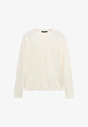 Biely sveter s dlhým rukávom a okrúhlym výstrihom, s rebrovanými manžetami a lemom, zobrazený na jednoliatom bielom pozadí.