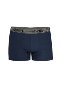 Shorts en coton bleu marine avec une ceinture élastique grise arborant le lettrage noir "ATHENA". Texture lisse, longueur mi-cuisse et coupe ajustée.