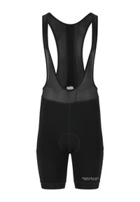 Cuissard de cyclisme noir avec partie supérieure en mesh, siège rembourré, design ajusté et détail de logo sur la jambe inférieure.