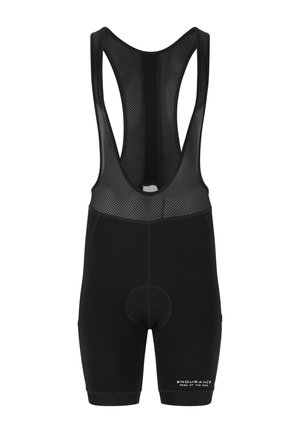 Schwarze Radfahr-Bib-Shorts mit Mesh-Oberteil, gepolstertem Sitz, figurbetonendem Design und Logodetail an der Unterschenkel.
