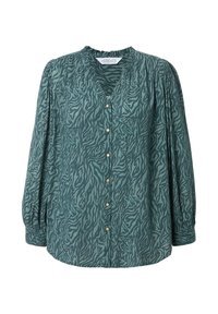 Blusa verde con motivo zebra, scollo a V, maniche lunghe, chiusura con bottoni e spalle arricciate. Realizzata in un tessuto leggero con finitura strutturata.