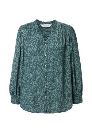 Grüne Bluse mit Zebramuster, V-Ausschnitt, langen Ärmeln, Knopfleiste und gerafften Schultern. Hergestellt aus leichtem Stoff mit strukturierter Oberfläche.
