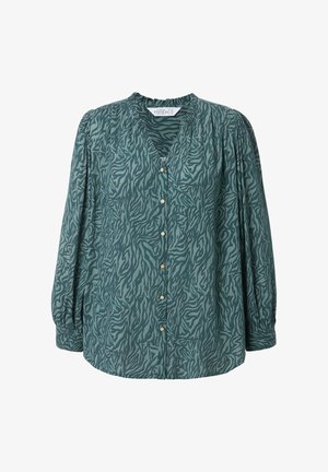 Groene blouse met zebra patroon, v-hals, lange mouwen, knopen aan de voorkant en geplooide schouders. Gemaakt van lichtgewicht stof met een gestructureerde afwerking.