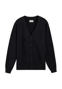 Cardigan de lana negra con cuello en V, mangas largas y cinco botones a juego en el frente. Textura suave y diseño clásico.