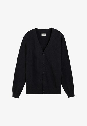 Zwarte wollen cardigan met een V-hals, lange mouwen en vijf bijpassende knopen aan de voorkant. Zachte textuur en klassiek ontwerp.