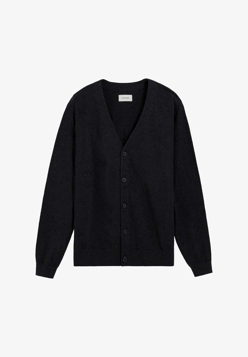 Sort uld cardigan med V-udskæring, lange ærmer og fem matchende knapper ned foran. Blød tekstur og klassisk design.