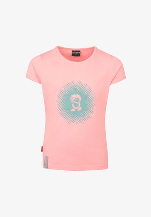 Rosa Baumwoll-T-Shirt mit kurzen Ärmeln. Es verfügt über eine runde türkisfarbene Grafik mit einem Charakterdesign, umgeben von gepunkteten Mustern.