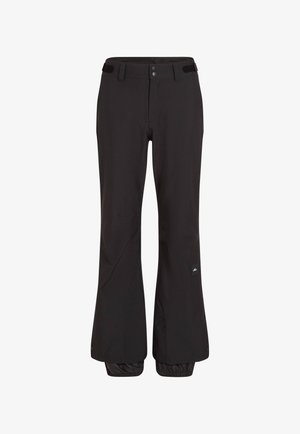 Black snow pants with a tapered fit, featuring two front buttons, zippered pockets, and elastic cuffs for a secure fit around boots.