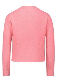 Veste en laine rose unie à manches longues, ourlet droit, coutures verticales et horizontales visibles dans le dos, sans col ni fermeture.