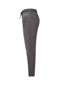 Pantalon de jogging gris en coton doux. Comprend une taille élastique avec cordon de serrage, coupe ajustée et poche arrière. Texture lisse sans motifs.