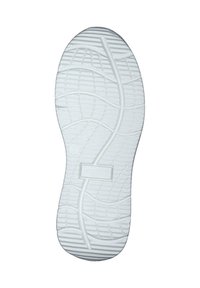 Weiße Sneaker-Sohle mit strukturiertem Muster und Rillen für Griffigkeit. Verfügt über ein eingeprägtes Markenlogo und einen glatten Bereich in der Nähe der Zehen.