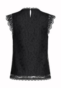 Top in pizzo nero con motivi floreali, bordi delle maniche a scallop, apertura a chiave sul retro e un design stratificato e testurizzato.
