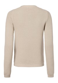 Maglione lavorato a maglia beige con un motivo testurizzato, maniche lunghe e scollo a girocollo. Le maniche e l'orlo a coste completano il design.