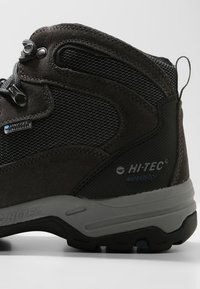 Black hiking boot featuring a mix of suede and mesh materials, waterproof branding, a sturdy rubber sole, and gray accents.