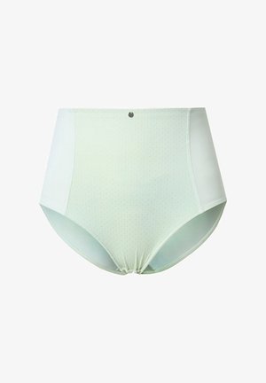 Wysokie majtki od kostiumu kąpielowego w jasnozielonym kolorze, z teksturowanym przednim panelem, gładkimi bocznymi panelami i marszczoną gumką z przodu na środku.