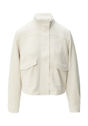 Kurz geschnittene weiße Jacke aus weichem Stoff, mit hohem Kragen, Frontreißverschluss und zwei großen Klappentaschen mit glatter Oberfläche.