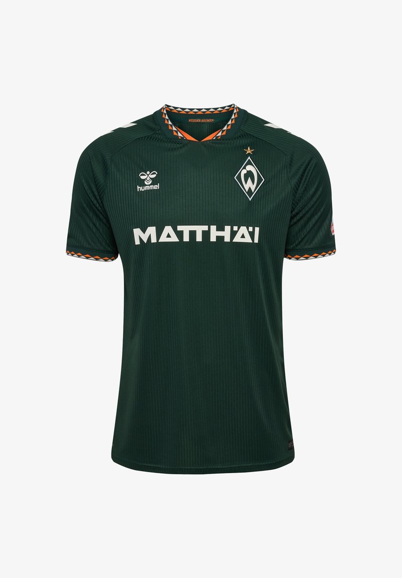 Dark green Werder Bremen soccer jersey with hummel logo, Matthäi sponsor text, diamond team badge with a star, and orange patterned collar and cuffs.