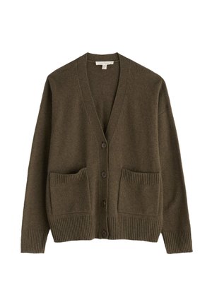 Olive green cardigan made of soft fabric with a V-neck, five button closure, and two front pockets. Ribbed cuffs and hem add texture.