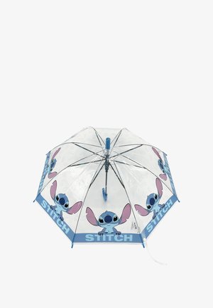 Clear umbrella featuring blue accents and cartoon Stitch graphic with pink ears. Straight handle with manual opening mechanism.