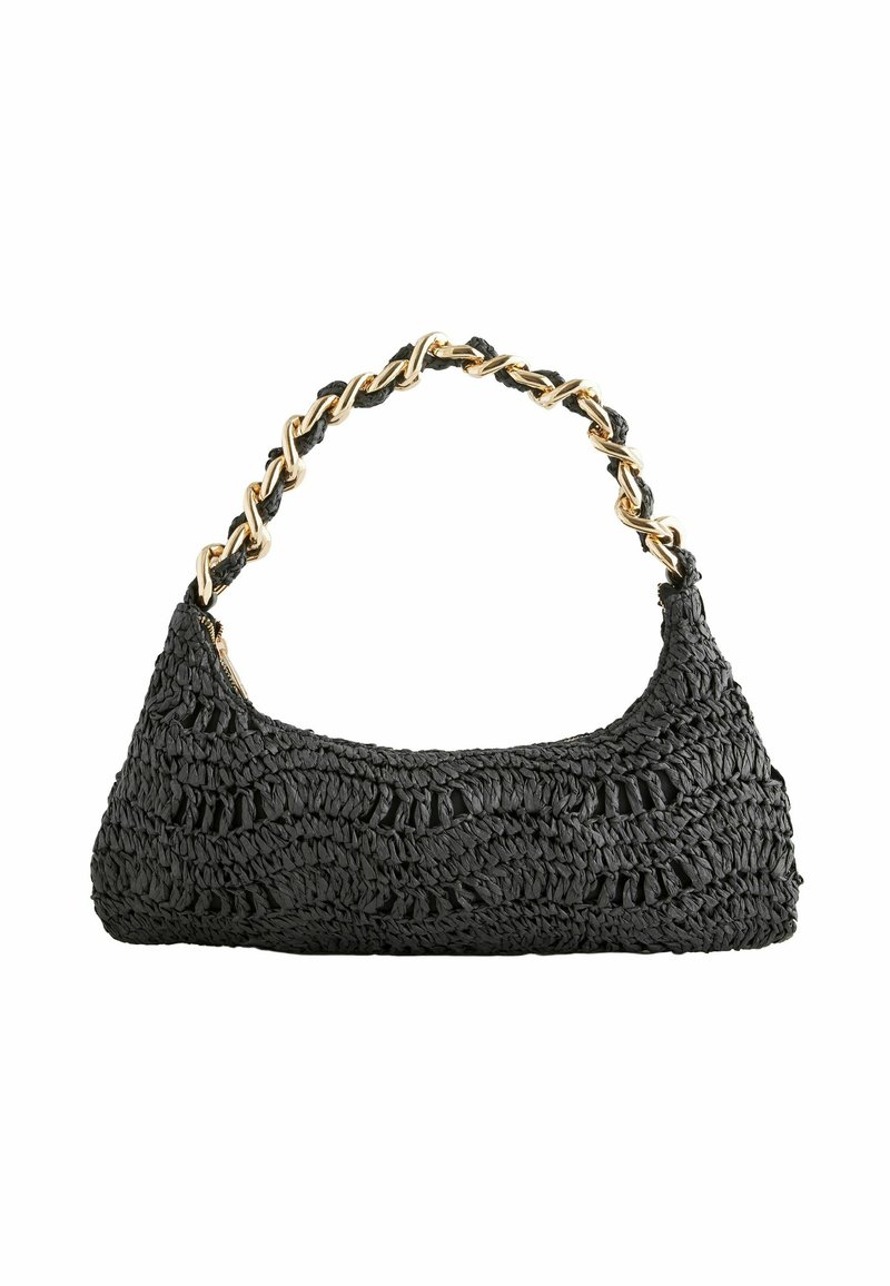 Schwarze geflochtene Handtasche mit konturiertem Design, strukturierten Oberflächen und einem goldenen Kettenhenkel. Keine sichtbaren Verschlüsse, glatte Innenauskleidung.
