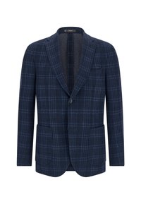 Námořnický modrý pánský blejzr s tmavomodrým kostkovaným vzorem, klopovými límci, dvěma předními našitými kapsami, zapínáním na jeden knoflík a náprsní kapsou.