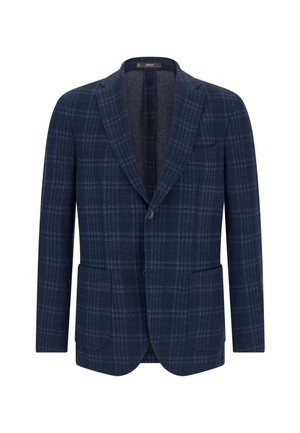 Blazer de hombre azul marino con patrón de cuadro azul oscuro, solapas con muesca, dos bolsillos delanteros de parche, cierre de un botón y bolsillo en el pecho.