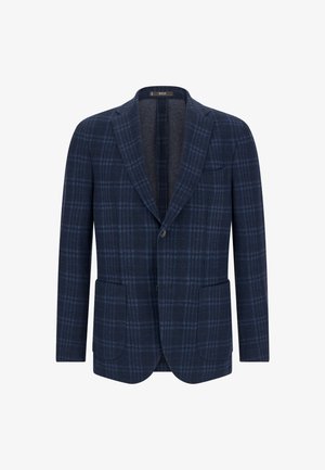 Blazer de hombre azul marino con patrón de cuadro azul oscuro, solapas con muesca, dos bolsillos delanteros de parche, cierre de un botón y bolsillo en el pecho.