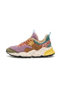 Multicolored sneaker featuring a purple textured upper, brown accents, speckled beige sole, and a yellow heel. Textured fabric and soft lining.