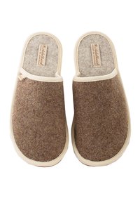 Brown felt slippers with a soft texture, cream trim, and a cushioned insole. Features an inner label. Classic design, open back style.