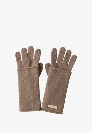 Braune gestrickte Handschuhe mit Fingeröffnungen, langen Bündchen und einer strukturierten Oberfläche; verfügen über ein kleines Lederetikett am Handgelenk.