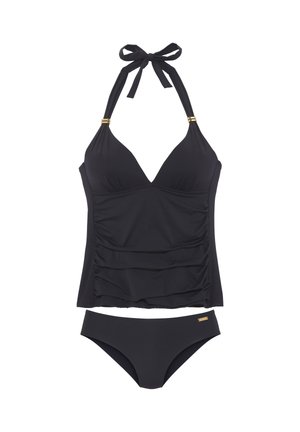 Czarny dwuczęściowy kostium kąpielowy z topem typu tankini na szyję z złotymi akcentami oraz dołem bikini z małą złotą plakietką z logo.